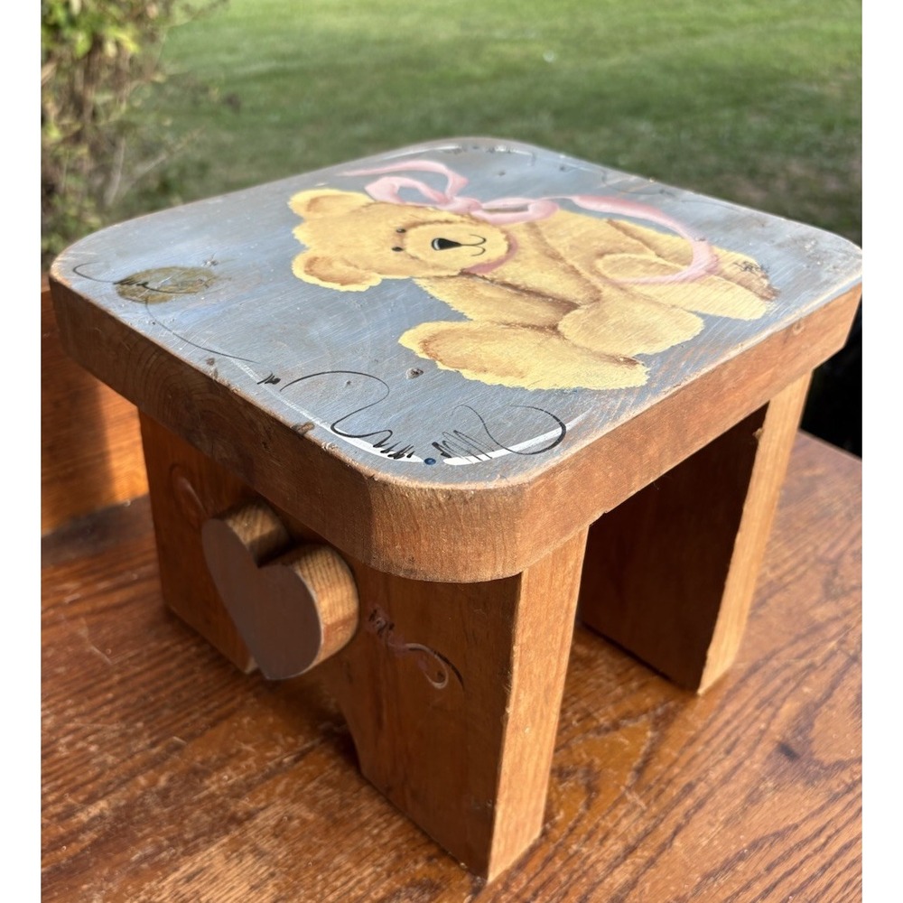 Vintage Handmade Hand Painted Solid Wood Wooden Kids Foot Step Stool Stand Seat